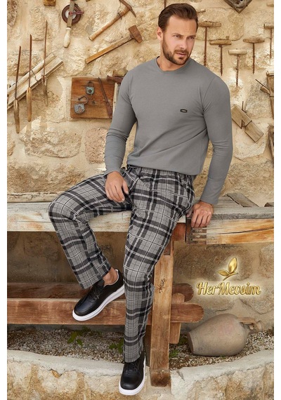 Aydoğan Erkek Kışlık Pijama Takımı Pamuklu Uzun Kol Jakarlı Gri Berk J-3382