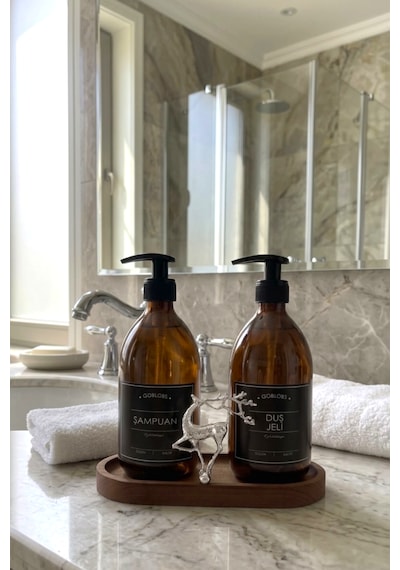 Sabunluk Amber Şişe Cam İkili Şampuan-duş Jeli Banyo Düzenleyici Lüks Gümüş Geyik Ahşap Standlı 500ml