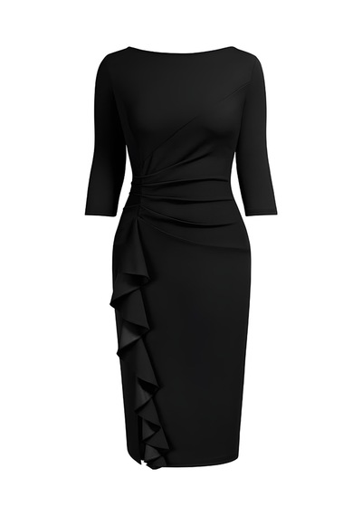 Kadın Büyük Beden Siyah Bodycon Fırfırlı Yırtmaçlı Büyük Beden Elbise Siyah