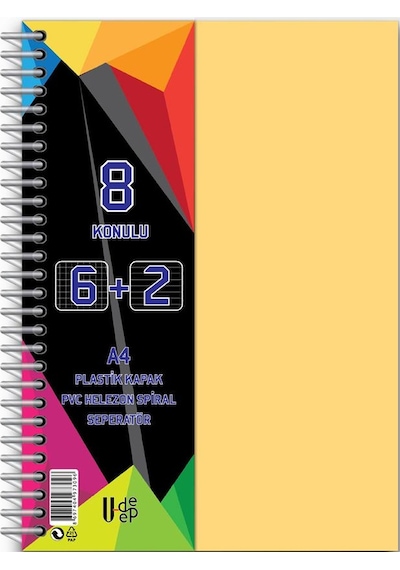 6+2 Ayraçlı Defter 8 Konulu 200 Yaprak 1 Adet 6 Kareli 2 Çizgili Spralli Plastik Kapak Seperatörlü Krem
