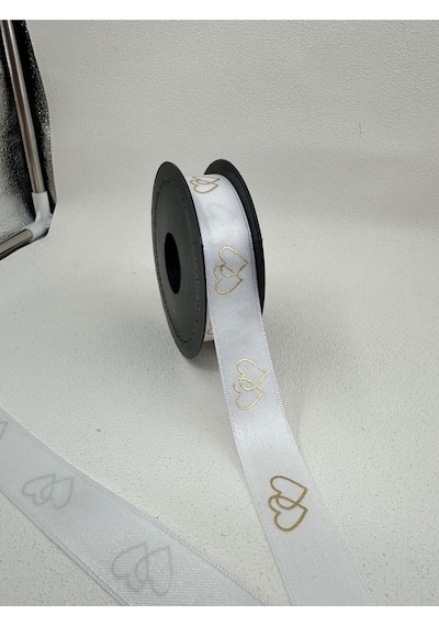 2.5 Cm Kalp Desenli Saten Kurdele-beyaz-5 Metre