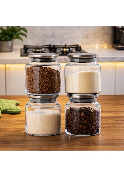 Porsima 4403 Bormio Metal Kapaklı 4lü Cam Kavanoz Seti Vakum Kapaklı Saklama Düzenleme Kabı Seti 650ml Şeffaf