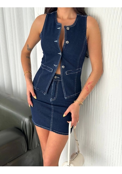 Moda Kot Jeans Etekli İkili Takım - Lacivert Çok Renkli