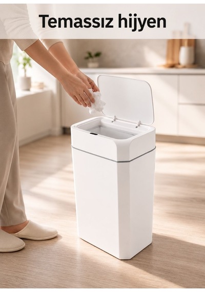 Sensörlü Akıllı Çöp Kovası 18 L - Pilli Otomatik Mutfak Banyo Çöp Kutusu Beyaz 40 Cm