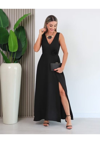 Efnaz Style Kadın Askılı Derin V Yakalı Yırtmaçlı Uzun Elbise Siyah