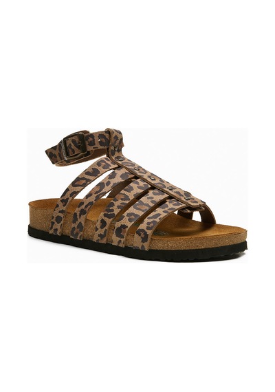 Comfortfusse Ares - Kadın Ortopedik Hakiki Deri Sandalet Leopar Baskılı Deri