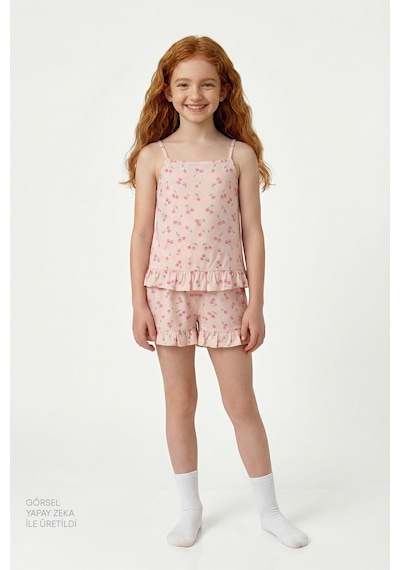 Penti Bej Kız Çocuk Pinky Cherry Pamuklu Pijama Takımı