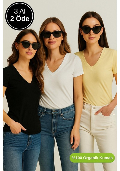 Kadın 3'lü Paket Siyah-sarı-beyaz %100 Organik Pamuk Normal Kesim Tişört V Yaka T-shirt Çok Renkli