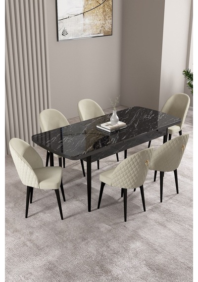 Milas Siyah Mermer Desen 80x132 Mdf Açılabilir Mutfak Masası Takımı 6 Adet Sandalye Krem Milas Siyah Mermer Desen 80x132 Mdf Açılabilir Mutfak Masası Takımı 6 Adet Sandalye Krem