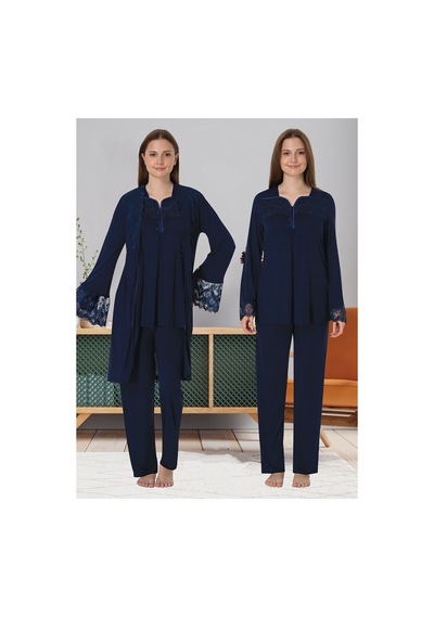 Effortt Dvina Lohusa Hamile Sabahlık Ve Uzun Kollu Pijama Takımı - 3'lü Set - Lacivert Lacivert