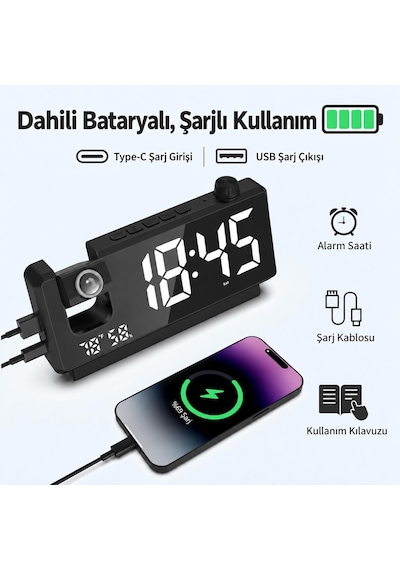 Valkyrie Projeksiyonlu Dijital Alarm Saat Dahili Bataryalı Led Ekranlı Usb Şarj Çıkışlı Siyah