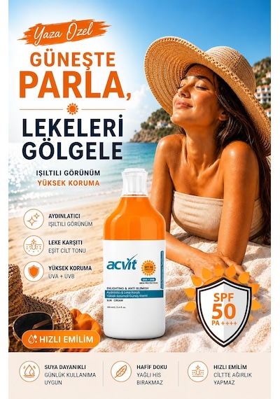 Acvit Aydınlatıcı ve Leke Karşıtı Yüksek Korumalı Güneş Kremi SPF50+ 100 ML
