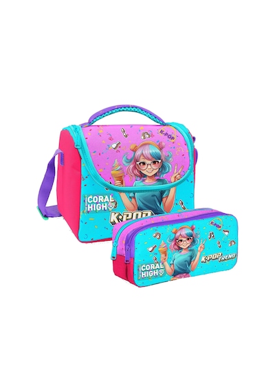 Coral High Kız Çocuk Pembe K-pop Dondurmalı Kız Thermo Beslenme Çantası Ve İki Bölmeli Kalemlik Seti Çok Renkli