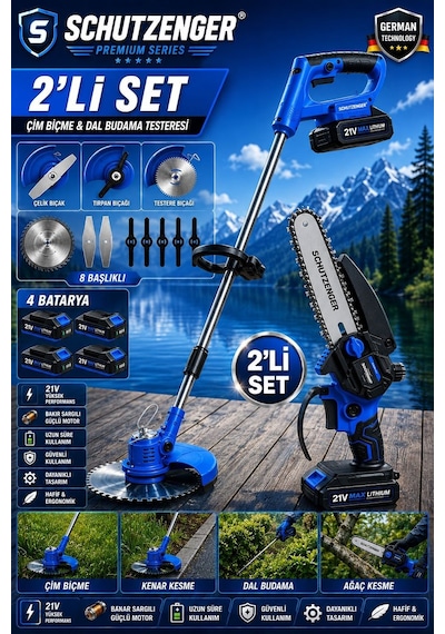 Schutzenger 2030TN 2 Set 4 Batarya Şarjlı Ot Çim Biçme Makinesi Tırpan 7 Başlıklar Ve Şarjlı Budama Testeresi Zinçirli 15cm Pala Mavi