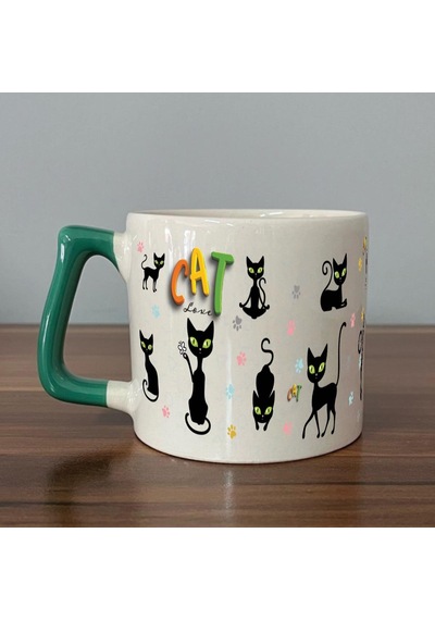 Cat Love Baskılı Yeşil Kulplu D Kupa