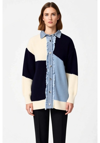 Benerly Kadın Renk Bloklu Denim Detaylı Triko Hırka Fonksiyonel Dayanıklı Mavi