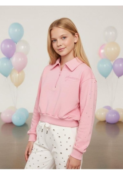Kız Çocuk Yakası Fermuarlı Kolları Taş İşlemeli Tasarım Sweatshirt-16531 Pembe