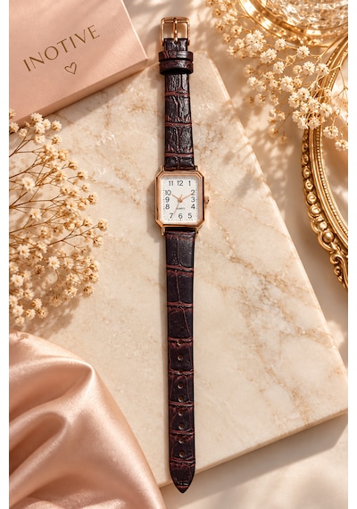 Kadın Kol Saati Rose Gold Kasa, Deri Kordon Kahverengi - Rose Gold