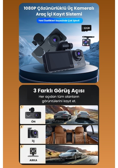 Harvox 3 Kameralı Wi-fi Özellikli Full Hd Araç İçi Kamera 1080p Gece Görüş, G-sensor Dashcam Y15