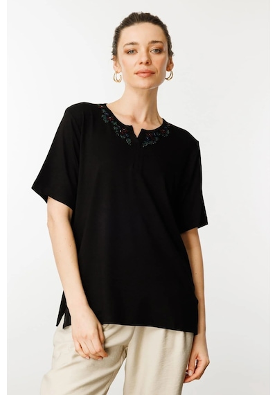 Desen Triko Kadın Açma Yaka Dantel Çiçek İşlemeli Penye T-shirt 24751 Siyah Siyah Desen Triko Kadın Açma Yaka Dantel Çiçek İşlemeli Penye T-shirt 24751 Siyah Siyah