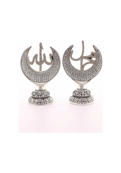 Orta Boy Biblo 20 Cm Hilal 2'li Gümüş Allah Muhammed Polyester Üzerine Metal Kaplama Biblo