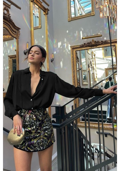 Madmext Siyah Basic Kadın Saten Gömlek Mg1326-siyah Siyah