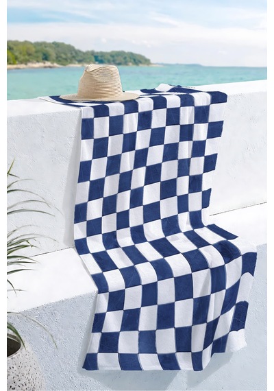 Damalı Kare Desenli Lacivert Beyaz Plaj Havlusu - Geometrik Marine Hızlı Kuruyan Mikrofiber Havlu Serin İncir