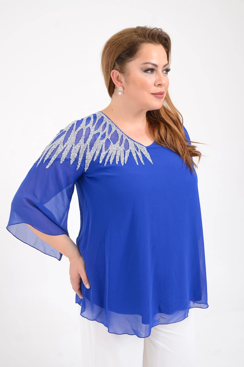 Lilas Xxl Büyük Beden Sax Renkli Şifon V Yaka Abiye Bluz Saks Rengi