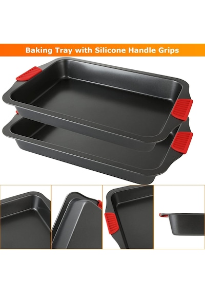 Qerhome Silikon Saplı Dikdörtgen Fırın Tepsisi Metal Yanmaz Yapışmaz 40 Cm Siyah