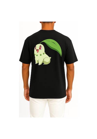 Bahriyeli Collection Oversize Chikorita Cep Ve Sırt Tasarımlı Unisex T-shirt Siyah