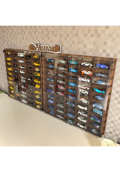 Pleksi Kapak 1/64 Hotwheels, Matchbox Uyumlu Oyuncak Hobi 100lü Araba Rafı Ceviz