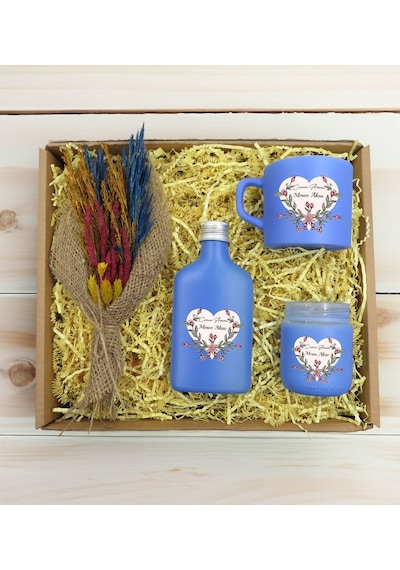 Bk Gift Kişiye Özel İsimli Dtf Anne Temalı Mavi Kahve Fincanı & Kolonya & Mum & El Yapımı Kuru Çiçek Buketi Hediye Seti-5, Anneye Hediye, Anneler Günü