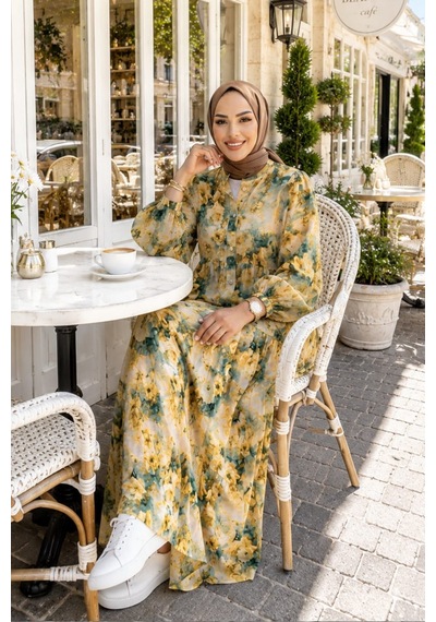 Hb Harma Time Butik Kadın Düğmeli Çiçek Desenli Sarı Modal Elbise Hardal