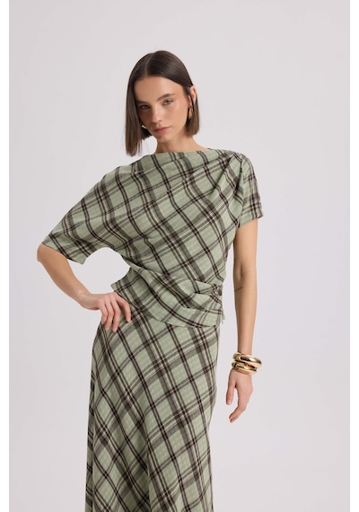 Mai Collection Petunya Ekoseli Yeşil Crop Etek Takım Yeşil