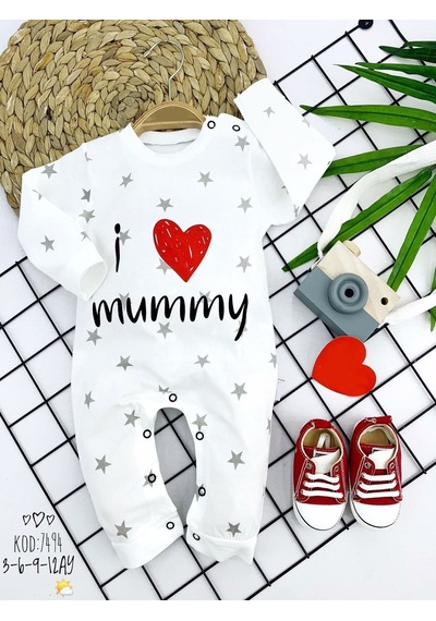 Cndr 3-6-9-12 Ay Gümüş Yıldız I Love Mummy Baskılı Uzun Kollu Kız Erkek Bebek Tulumu