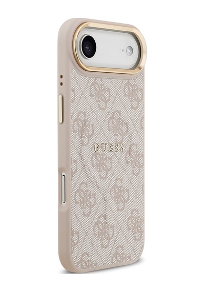 Apple Uyumlu iPhone 17 Air Kılıf Guess Lisanslı M-safe Şarjlı Gold Kamera Çerçeveli Pu Deri Yazı Logolu Pembe