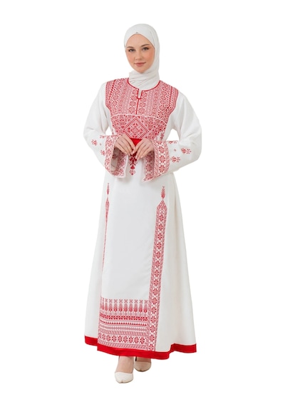 Zaytoon Filistin Nakışlı Modern Beyaz Kaftan Elbise - Geleneksel Şıklık Kırmızı