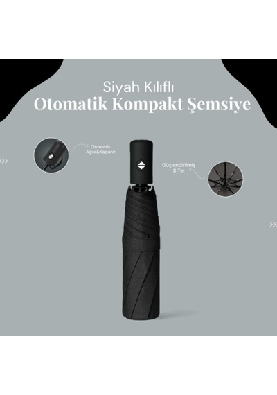 Siyah Kılıflı Otomatik Kompakt Şemsiye 8 Telli Rüzgara Dayanıklı Katlanır Şemsiye Siyah - Siyah