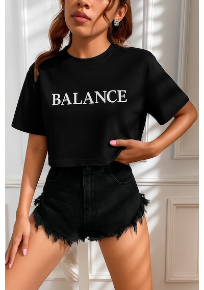 Kadın Tişört Crop Tişört Baskılı Fit Tişört Balance-tişört Siyah