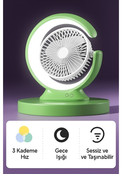 Şarjlı Masa Lambalı Mini Fan 2400 Mah 3 Kademeli Hız, Gece Işığı, Sessiz Ve Taşınabilir Yeşil - 731342687