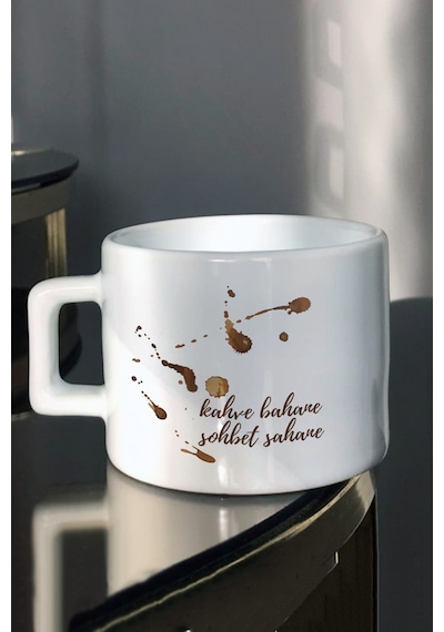 Kahve Bahane Sohbet Şahane Kahve damlaları Baskılı Çay Kahve Fincanı Beyaz