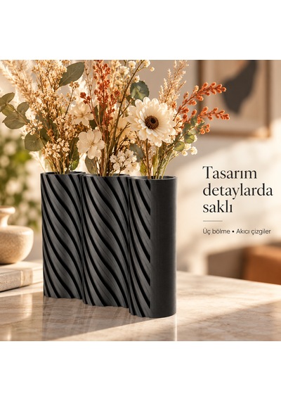 Çizgili Modern Tasarım Üç Bölmeli Dekoratif Vazo - Çiçeklik Siyah
