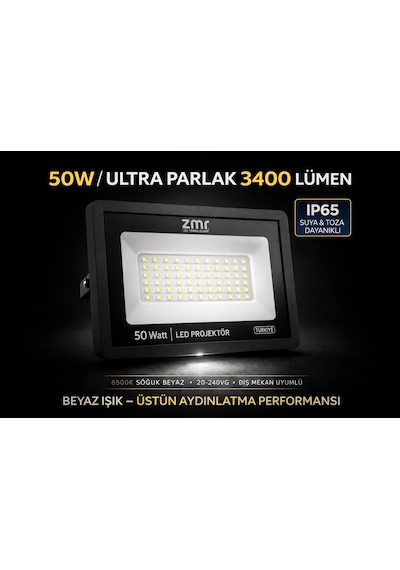 50 W Ultra Slim Led Projektör 220v-6500k-3400lm Beyaz Işık