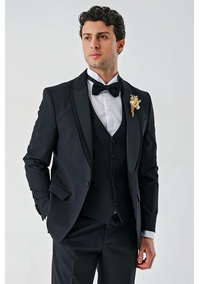 İmza Siyah Çıkarılabilir Şal Yaka Yelekli Likralı 6 Drop Slim Fit Smokin Damatlık 1001240203-Siyah
