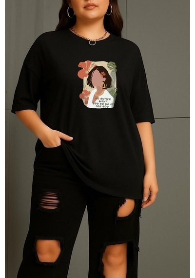Büyük Beden Renkli Kadın Baskılı Unisex Tişört SIYAH