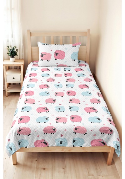 Evimde Bambaşka Pembe Mavi Kuzu Çocuk Odası Dekoratif Pike Takımı-sevimli Pudra Bebek Odası Yatak Örtüsü-160x220  CM