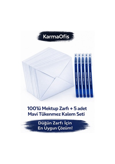 100 Lü Düğün Zarfı Seti + 5 Adet Mavi Tükenmez Kalem Düğün Zarfı Paketi