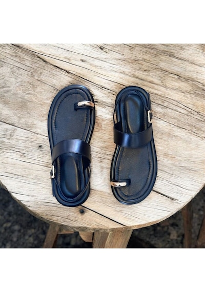 Ne&ve Shoes Siyah Hakiki Deri Parmak Arası Kadın Günlük Sandalet