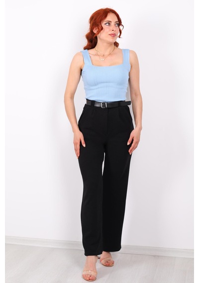 Ribana Classic Kemerli Bol Paça Kadın Krep Pantolon Siyah