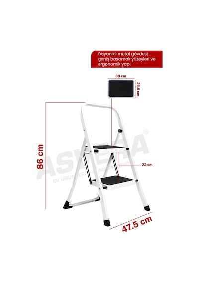 Asvera Space 2 Basamaklı Ev Tipi Metal Merdiven - Katlanır Geniş Kaymaz Mutfak Ve Ev Merdiveni Slim